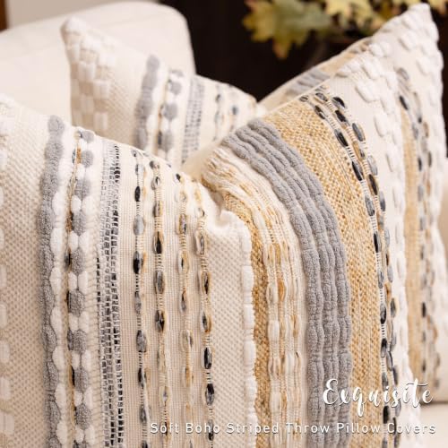 Boho Chenille Tufted Throw Pillow Covers 18x18 Inch Set of 2 Farmhouse Beige Woven Striped Decorative Pillowcases for Couch Sofa Bed