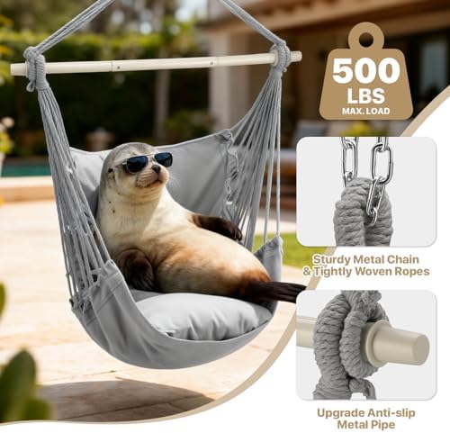 MoNiBloom Hammock Chair Hanging Rope Swing w/2 Cushions, Hold 350 lbs, Gray