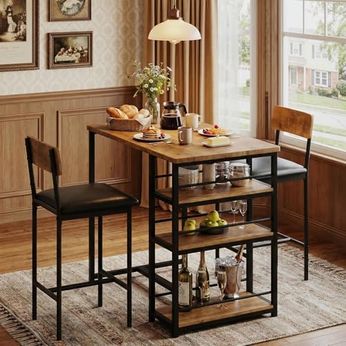 GarveeHome Dining Table Set for 2, Counter Height Kitchen Table with 2 Upholstered Bar Stools, Dining Table and Chairs Set with Storage Shelves, for Small Space, Apartment, Studio, Retro Brown