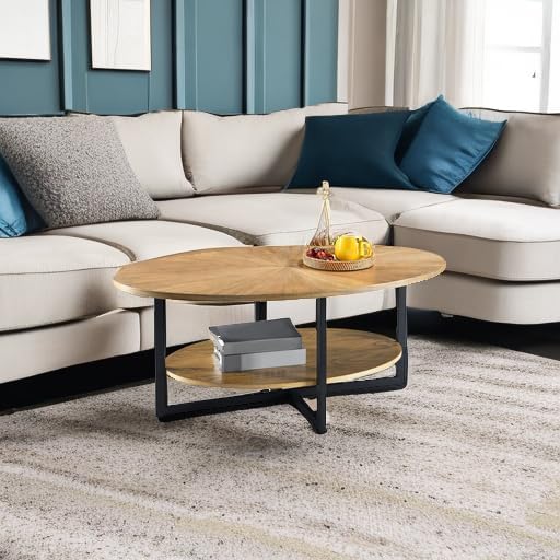 Wood Oval Coffee Table with Storage Shelf, 2-Tier, Rustic Nature