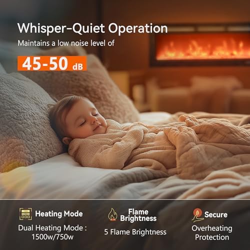 EUHOMY 50 Inch Electric Fireplace Wall Recessed and Wall Mounted with Adjustable Flame Color, Fireplace Heater with Remote Control, Linear Fireplace with Timer, Touch Screen, Log & Crystal, 750/1500W