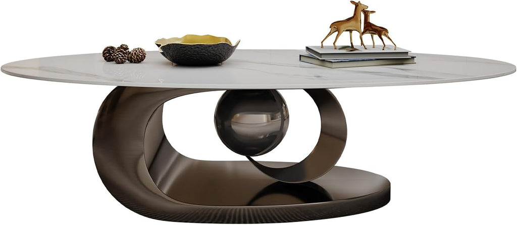 Glintee 49.2" Oval Stone Coffee Table, Grey S-Shaped Base