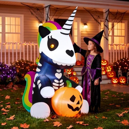 Joiedomi 5 FT Halloween Inflatable Sitting Skeleton Unicorn with LED Lights, Blow Up Outdoor Decoration for Yard, Garden, Lawn, Haunted House Halloween Party Outside Decor