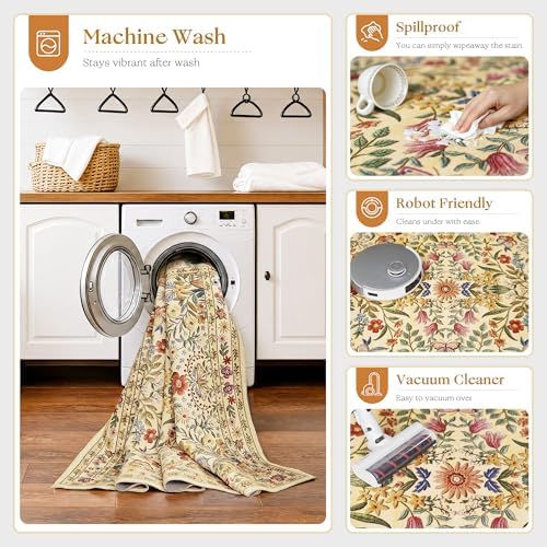 Beauoop 8x10 Floral Washable Beige Neutral Vintage Area Rug for Living Room