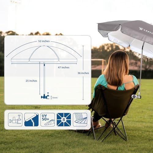 AMMSUN Chair Umbrella with Universal Clamp Adjustable 47 inches and 360° Swivel & UPF 50+ Protection Portable Sun Umbrella, Secure Clip on Camping/Beach Chairs, Stroller, Wheelchair, Golf cart, Lounger, Grey, 2 PACK
