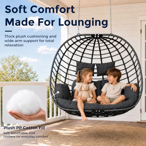 SWITTE Double Egg Chair Outdoor with Stand, Patio Hanging Swing, Grey