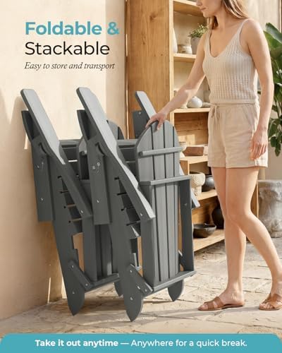 Ciokea Folding Adirondack Chairs Set of 2 with Cup Holder, HDPE, Grey
