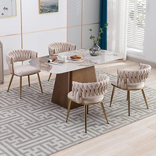 KCC Velvet Dining Chairs Set of 6,Woven Chairs with Metal Legs,Green