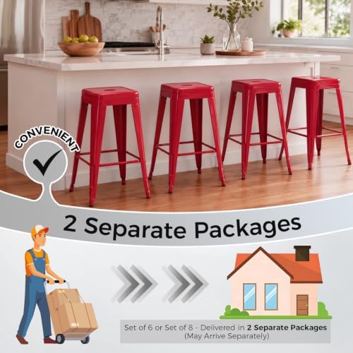 30 Inch Red Metal Bar Stools, Set of 6, Backless