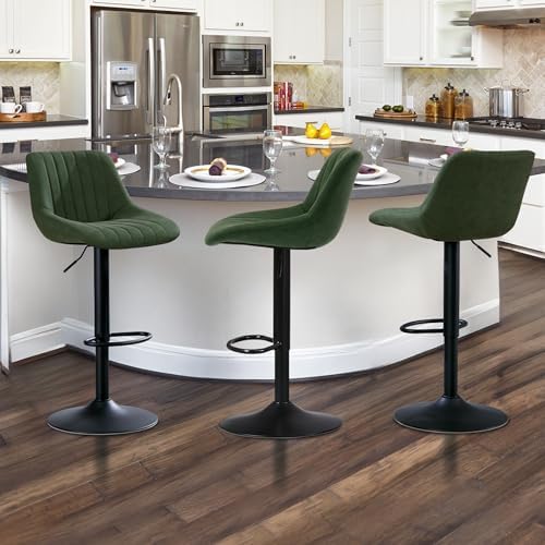 Barstools Set of 3, Adjustable PU Leather Swivel Bar Height Stools with Back, Armless Upholstered Counter Height Stools, Modern Adjustable Bar Chairs for Kitchen Island/Cafe/Dining Green
