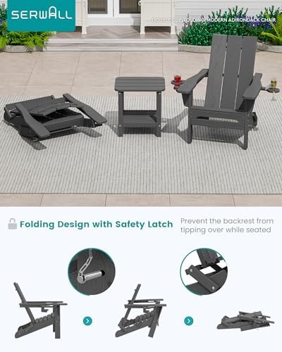 SERWALL Modern Folding Adirondack Chairs Set of 4, HDPE, Cup Holders, Gray