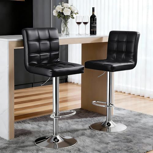 SUPER DEAL Set of 2 Bar Stools for Kitchen, Modern PU Leather Swivel Adjustable Counter Height Swivel Stool with Square Back (2, Black)