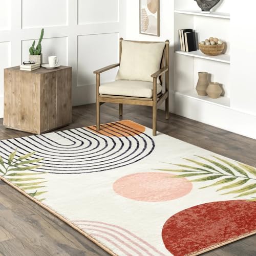 RoomTalks Mid Century Modern Washable Rug, Boho Cute Aesthetic 8x10 Area Rugs Large Carpet for Bedroom Dining Living Room Entryway Office, Contemporary Abstract Leaves Thin Pile Accent Indoor Rug