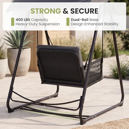 Porch Swing with Stand, Outdoor Swing with Canopy, All Weather Outdoor Swings for Adults, 400lbs Heavy Duty Porch Swings with Removable Cushions, Single Hanging Chair for Small Space, Grey