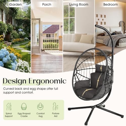 LEX CRAFT Hanging Egg Chair with Stand, Swinging Egg Chair Outdoor Indoor, Hanging Basket Chair with Cushion, Patio Wicker Hammock Chair 350lbs Capacity (Gery-Gery)