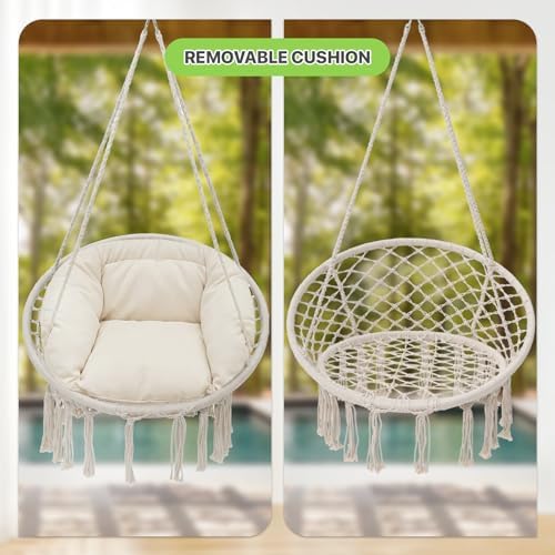 Magshion Macrame Hanging Hammock Chair with Cozy Full Cushion, Beige