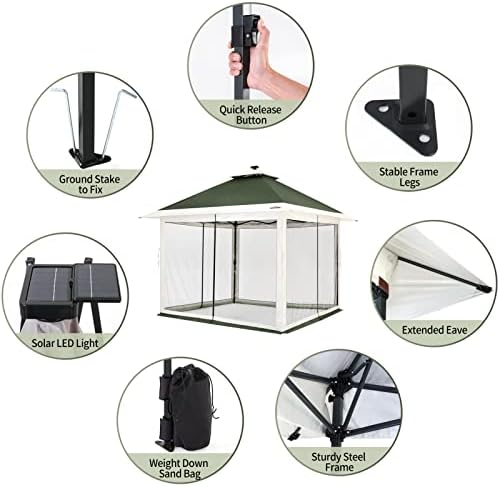 Suntime Pop Up Gazebo, Solar LED, 12x12 ft, Green