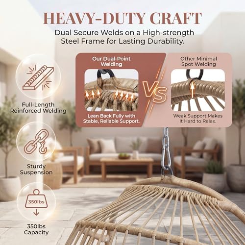 Nicesoul Outdoor Hanging Egg Chair Without Stand, Patio Wicker Swing Egg Basket Chairs with Padded Cushion, 350 Lbs Comfy Cozy Ceiling Tree Swinging Egg-Shaped Chair No Stand for Indoor Balcony, Beige