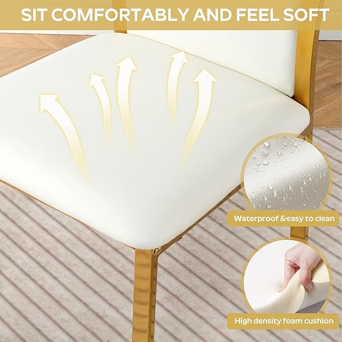 Modern Gold Glass Dining Table Set of 6, 47'' Clear Glass Top Rectangular Kitchen Table Set, 7 Pieces Minimalism Dining Room Table Set, 6 Luxury White Gold High Back Dining Chairs Set