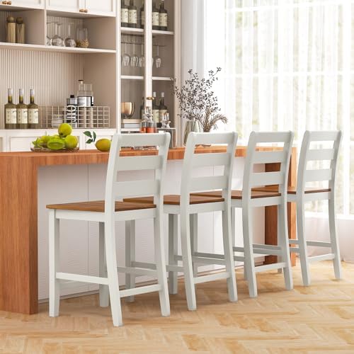 GIANTEX Counter Height Bar Stools Set of 4, 24" Farmhouse Bar Dining Chairs with Backs, Rubber Wood Footrest, Acacia Wood Legs, Wooden Barstools for Kitchen Island Pub Restaurant, Light Grey