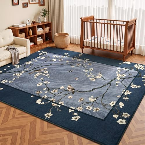 6x9 Navy Blue Oriental Floral Bird Butterfly Print Area Rug