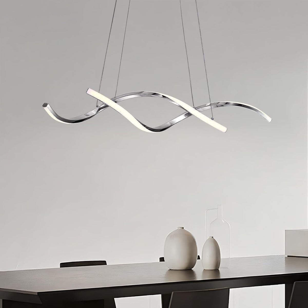 NOXARTE Modern LED Chandelier Dimmable Hanging Ceiling Light, Silver Pendant Light Fixture with Remote Control for Dining Room Kitchen Island Office Over Table 35.4 Inch