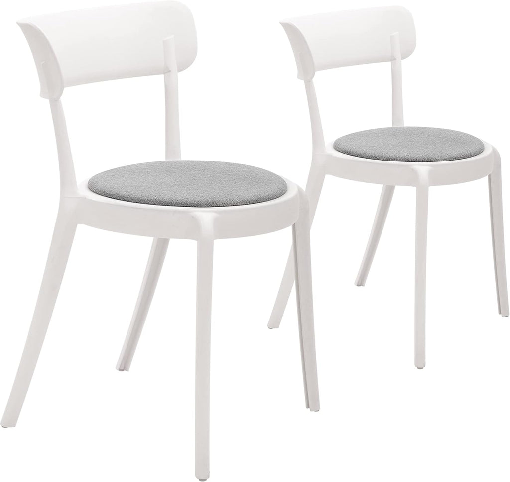 CangLong Armless Bistro Dining Chair-Set of 2, Premium Plastic with Upholstered Seat, White + Grey