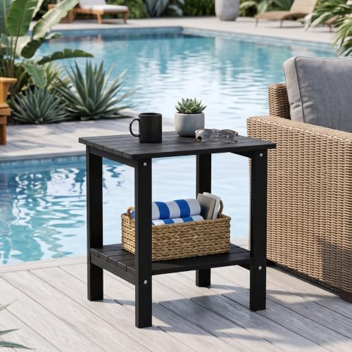 Outdoor Side Table, 2-Tier HDPS Small Patio Adirondack Table, Black