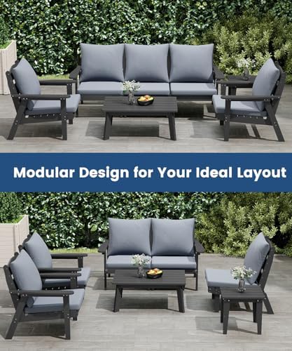 FOOWIN 7-Piece Patio Furniture Set, HDPE All-Weather Outdoor Conversation Set with Thick Cushions, Sectional Patio Sofa Furniture for Deck, Porch, Lawn, Garden, Grey Frame & Grey Cushion