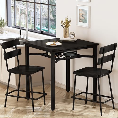 Hooseng 3 Piece Bar Table and Chairs Set, Counter Height Small Dining Table with 2 Bar Stools, Farmhouse Square Kitchen Table with Storage for Bistro, Pub, Small Space