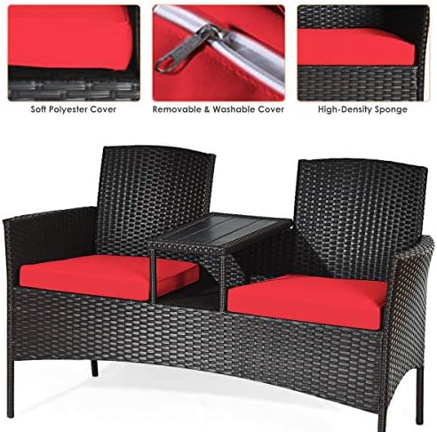 Tangkula Outdoor Rattan Loveseat, Patio Conversation Set with Cushions & Table, Modern Patented Wicker Sofa Set with Built-in Coffee Table, Rattan Sofas for Garden Lawn Backyard