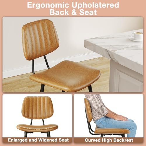 Raynesys 29-Inch Leather Bar Stools Set of 3 with High Backrest, Brown