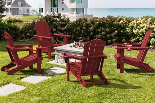 SERWALL Outdoor Adirondack Chair Set of 2 with 2 Cup Holders,Foldable,Red