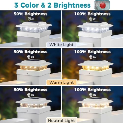 kolpop 4x4 Solar Post Cap Lights Outdoor 12Pack- 3 Color Temperatures&2 Level Brightness, IP65 Waterproof, 16 LED Fence Deck Post Light Solar Powered Only for 4×4/3.5×3.5 Wood/Vinyl Posts(White)