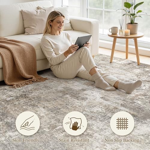 9X12 Area Rug Living Room: Abstract Washable Rugs Brown Grey