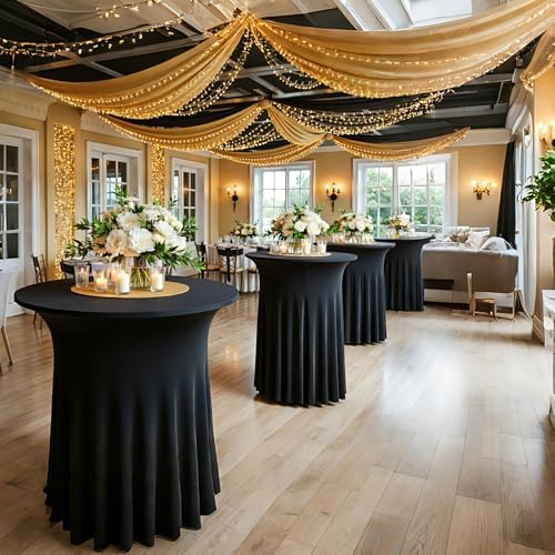 2 pk Black Cocktail Table Cloth Round 32×43in-High Top Highboy Bar Cocktail Tablecloths-Wrinkle Free Stretchy Fitted Spandex Table Covers with Ruffle Desk Skirt for Wedding Banquet Party Tables