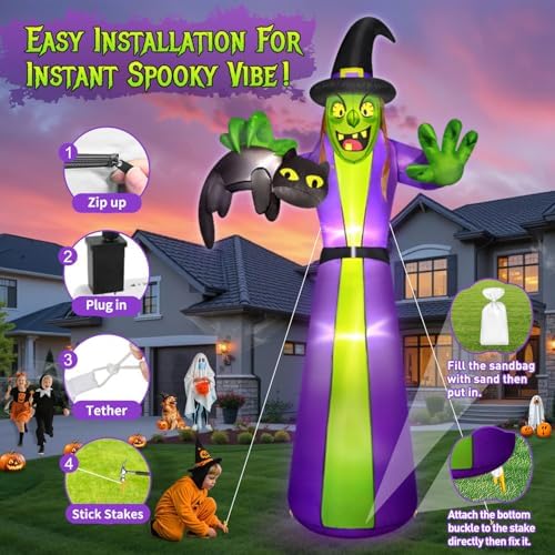 zukakii 12FT Giant Halloween Inflatables Witch Outdoor Decorations, Huge Halloween Blow Up Spooky Witch Grabbing Black Cat Yard Decoration Built-in LEDs & Strong Blower Large Tall for Lawn Party