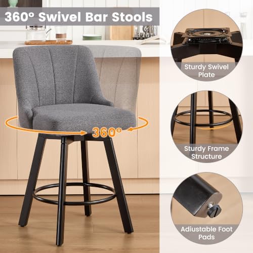 Swivel Bar Stools Set of 2,24" Upholstered Counter Height Bar Chairs with Back and Solid Wood Legs for Kitchen Island Fabric (Navy Blue)
