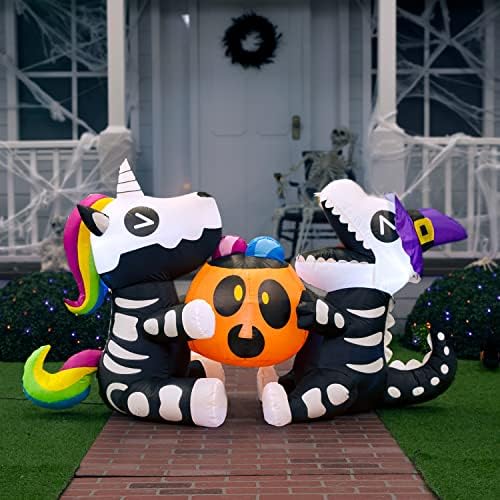 Joiedomi 6 FT Halloween Inflatables Outdoor Decorations, Sitting Skeleton Unicorn & Dinosaur with Pumpkin Blow Up Yard Decor, LED Lighted Holiday Lawn Garden Patio Outside Inflatables Decor