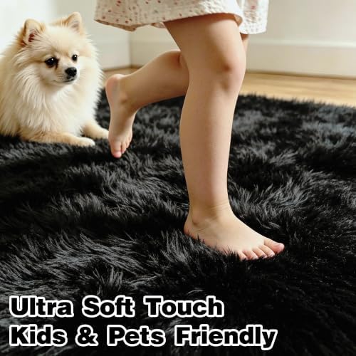 8x10 Black Area Rug for Bedroom, Living Room, Soft Fluffy Fuzzy Shag Rug