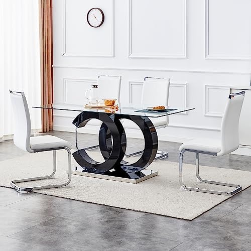 63'' Dining Table Set for 4,Modern Glass Dining Room Table Set for 4,Tempered Glass Table with 4 PU Leather Ergonomic Dining Chairs for Home, Kitchen, Living Room