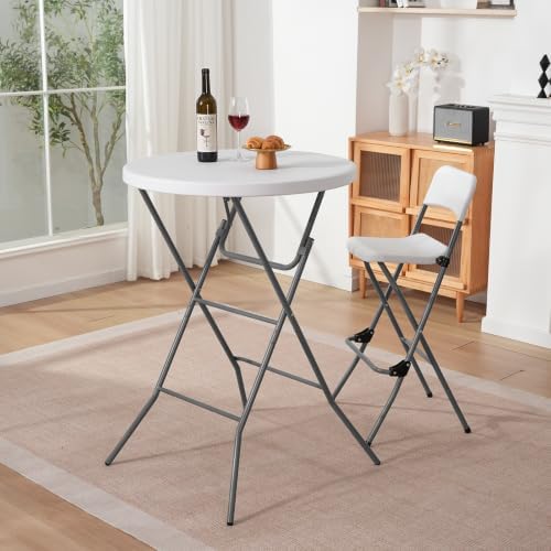 32" Round Folding Table, Portable Bar Height Folding Table with Detachable Legs, Round Foldable Table with HDPE Top for Standing Parties, Balcony, Event, Indoor Outdoor Use (White, 2 Pack)
