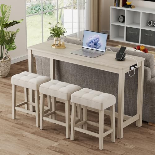 Giantex 4-Pieces Bar Table Set with Charging Station, 59-inches Dinner Tables with 3 Padded Stools, Adjustable Foot Pads, Space-Saving Dining Table Set for Dinette, Dining Room, Kitchen