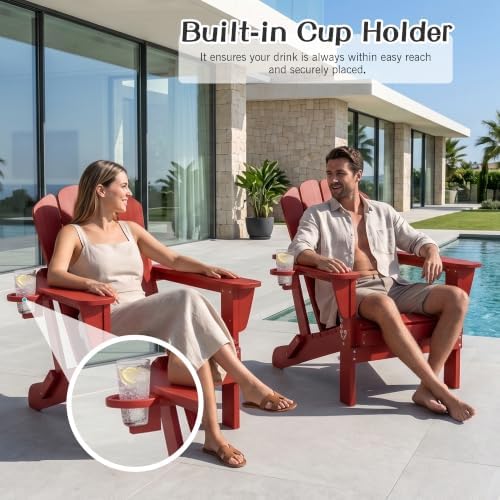 Domi Folding Adirondack Chairs Set of 2 with Cup Holder, Red