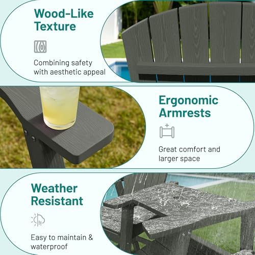 PLUUV Tall Adirondack Chairs Set of 2 with Double Connecting Trays, Grey