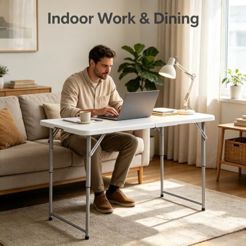 Folding Table 4 Foot, Heavy Duty Adjustable Height Folding Card Table Portable Plastic Foldable Utility Table Indoor Outdoor for Camping, Picnic, Dining and Party, White