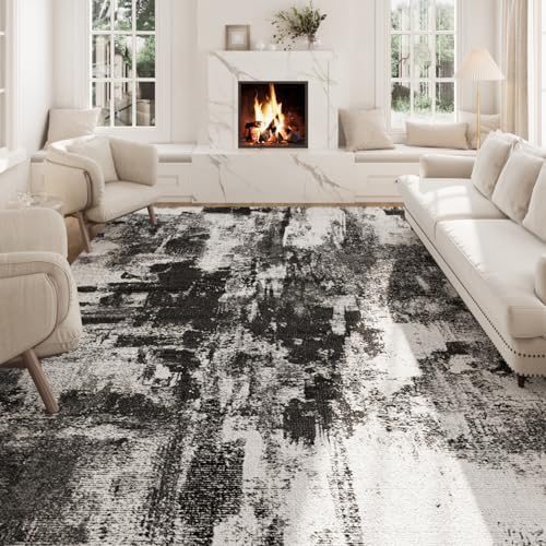 Area Rugs 8x10, Modern Abstract Machine Washable Rugs for Living Room Thin Carpet Indoor Floor Non-Shedding Carpets for Bedroom Dining Room Farmhouse Home Office | Black White