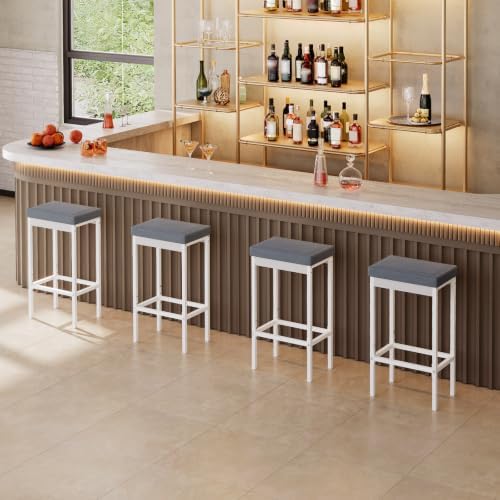 HOOBRO Bar Stools, 24.8-Inch Height Stools, Breakfast Bar Stools, Kitchen Bar Chairs, 2" Thick Upholstery, for Kitchen, Dining Room, Cafe, Bar Counter, White and Gray WG21BY01