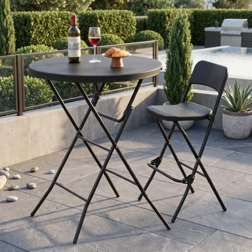 32" Round Folding Table, Portable Bar Height Folding Table with Detachable Legs, Round Foldable Table with HDPE Top for Standing Parties, Balcony, Event, Indoor Outdoor Use (Black, 2 Pack)