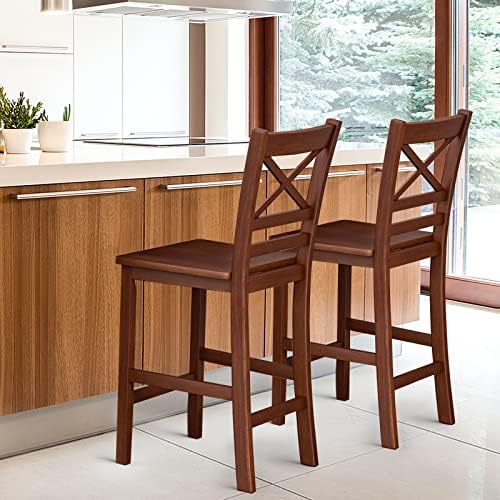 COSTWAY 25'' Wooden Counter Height Barstools Set of 2 with Slatted Backrest
